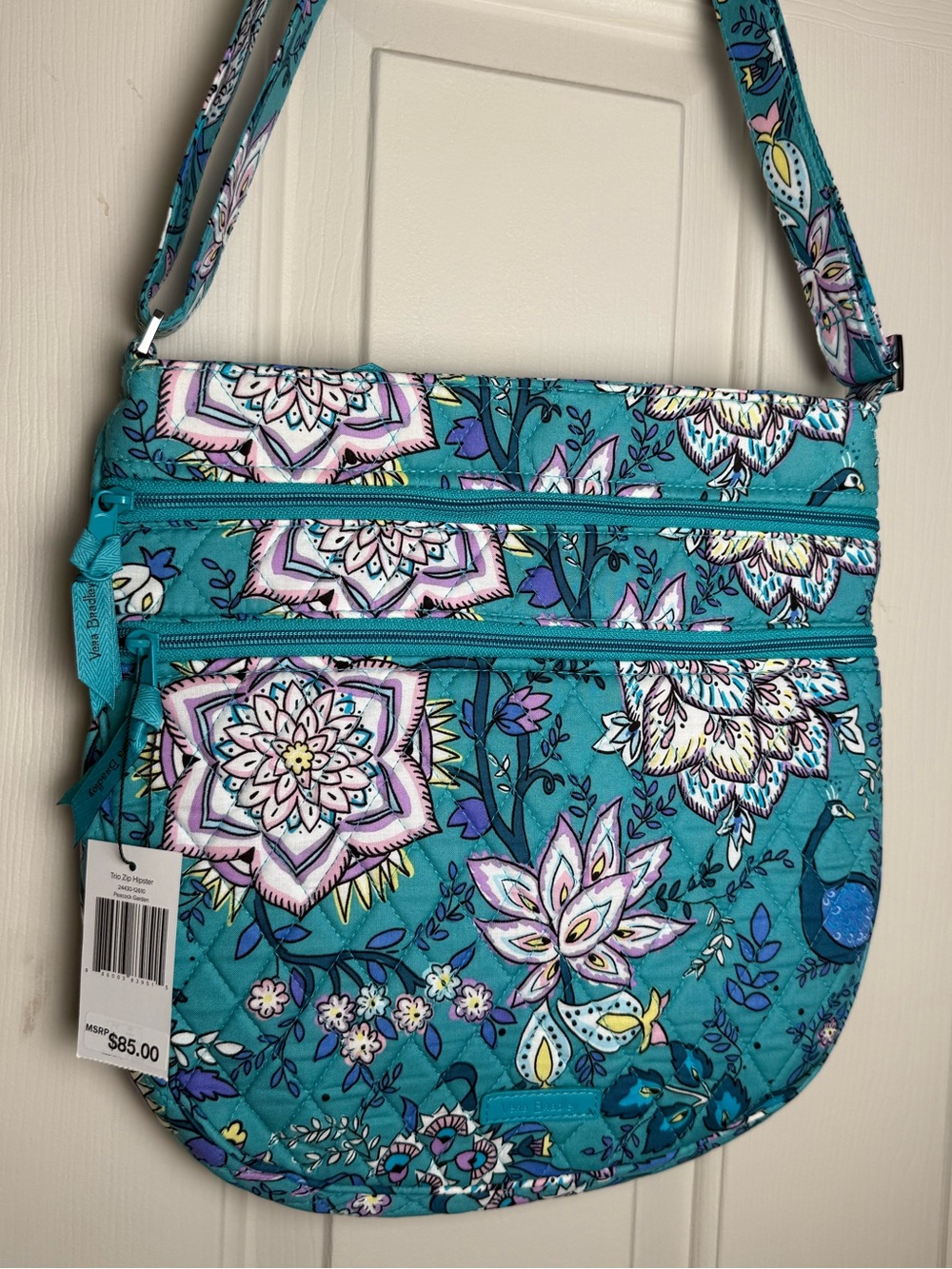 NWT Vera Bradley Peacock Garden Triple Zip Hipster Crossbody New